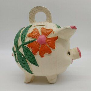 Mexico Folk Art Chalkware Piggy Bank Large Handmade With Painted Flowers Vintage